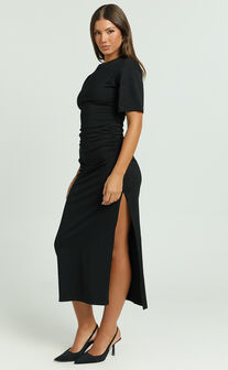 Lizzy Midi Dress - Jersey Ruched Side Split Dress in Black