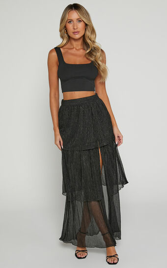 Daisy Maxi Skirt - High Waisted Thigh Split Skirt in Black