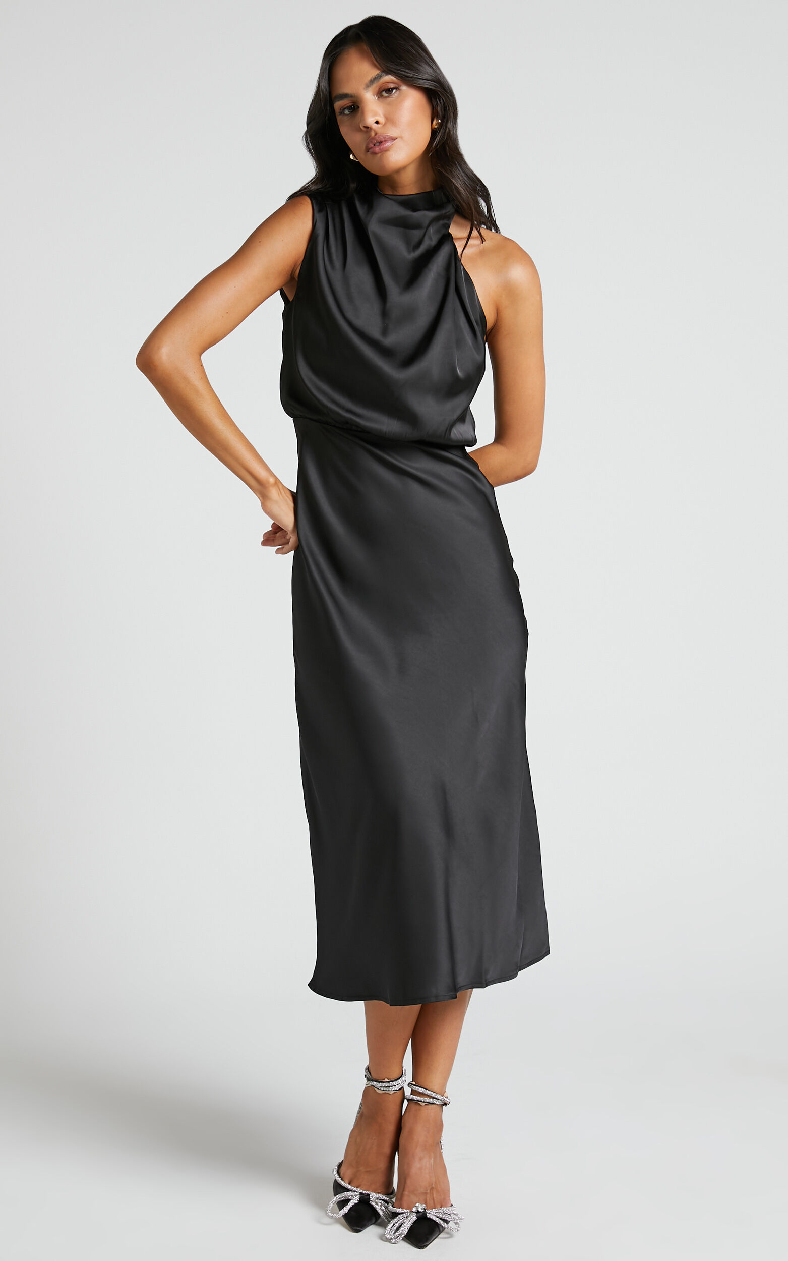 Minnie Midi Dress Drape Neck Satin Slip Dress in Black Showpo EU