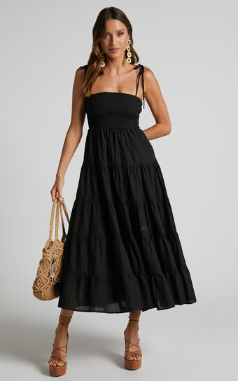 Ayla Midi Dress - Tie Up Strap Tiered Dress in Black