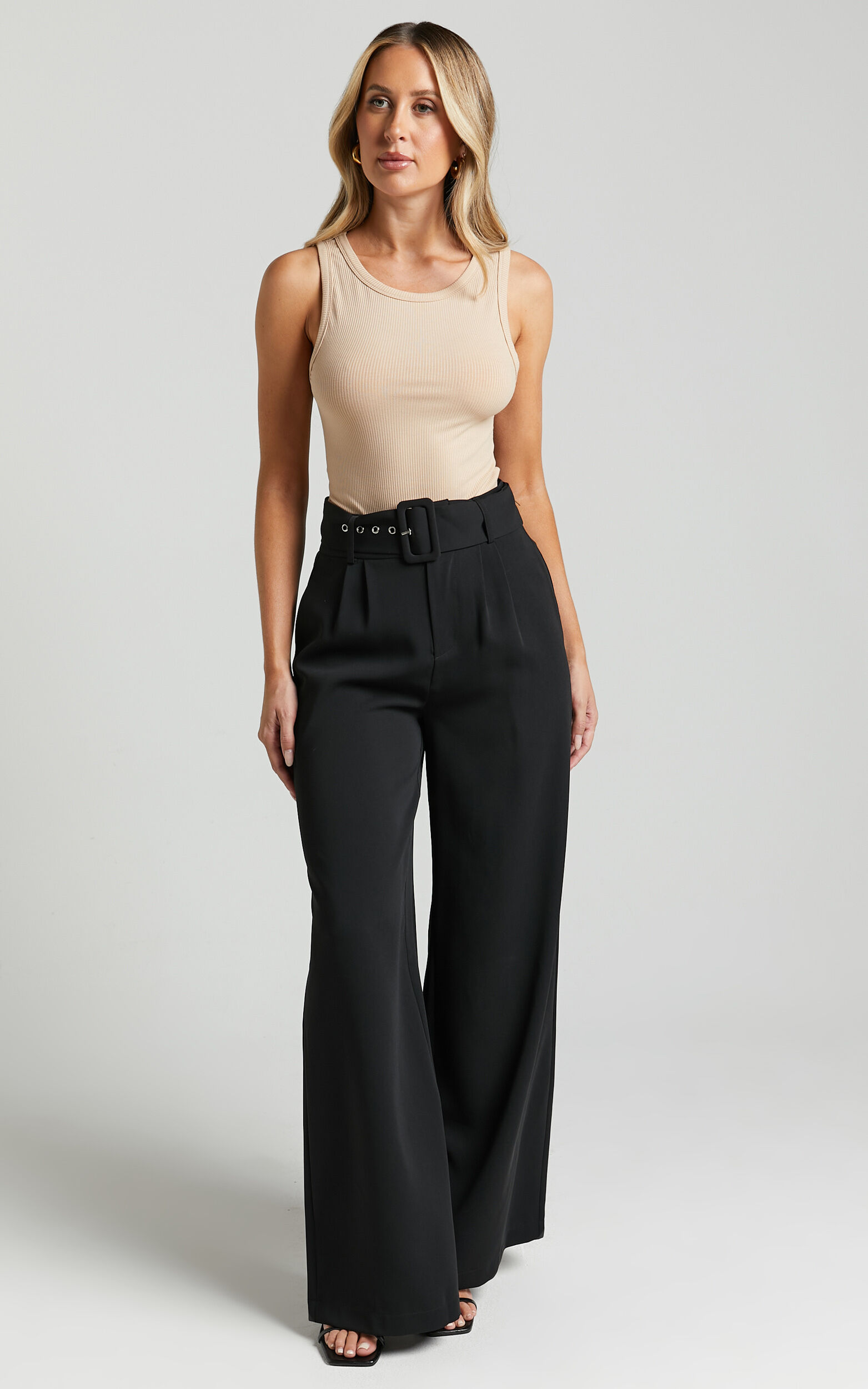 Chinnelle Pants High Waisted Belted Wide Leg in Black Showpo EU