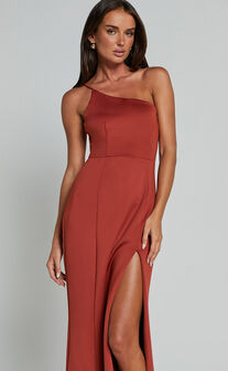 No Ones Fault Midi Dress - One Shoulder Thigh Split Dress in Rust