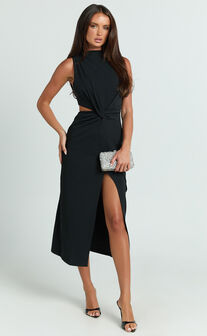 Millie Midi Dress - Front Twist Cut Out Thigh Split Dress in Black