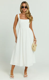 Khari Midi Dress - Linen Look Square A Line Dress in White