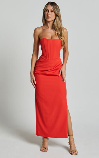 Avery Midi Dress - Strapless Draped Side Split Dress in Orange