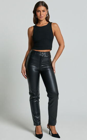 Dilyene Pants - Mid Waist Straight Leg Faux Leather Pants in Black Showpo
