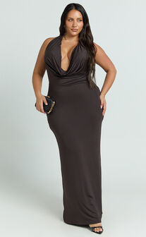 Sylvana Maxi Dress - Cowl Halter Neck Bodycon Dress in Chocolate