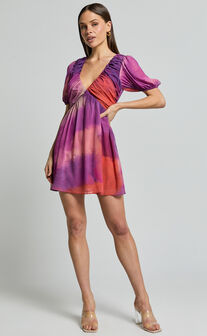 Kennedy Mini Dress - Recycled Polyester V Neck Puff Sleeve Dress in Coral Mirage Print