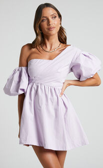 Sula Mini Dress - Asymmetric Off One Shoulder Puff Sleeve Dress in Lilac