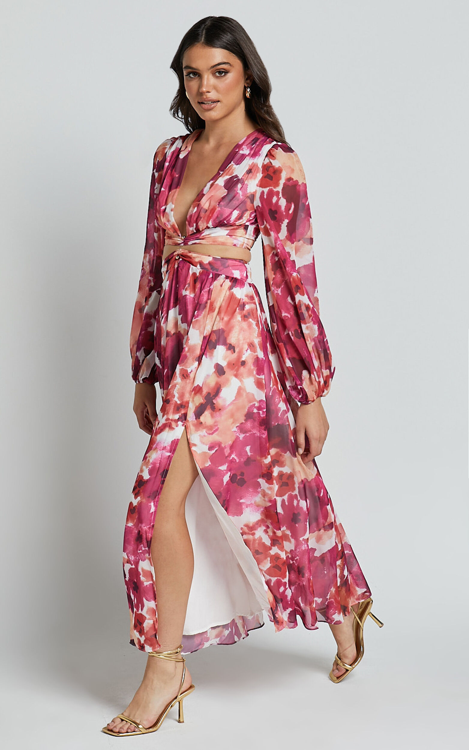 Emilee Midi Dress - Side Cut Out Long Sleeve Plunge Dress in Purple Floral - 06, PRP1