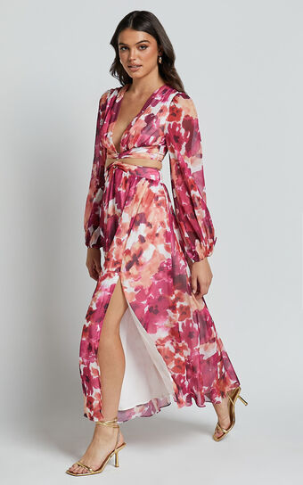 Emilee Midi Dress - Side Cut Out Long Sleeve Plunge Dress in Purple Floral