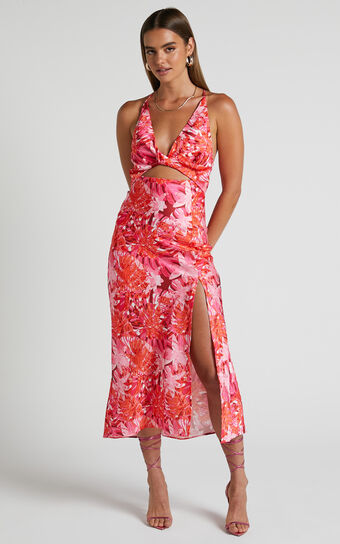 Tove Midi Dress - Twist Front Cut Out Satin Dress in Ice Pink Floral