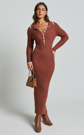 Becky Midi Dress Button Front Contrast Knit in Chocolate No Brand Sale