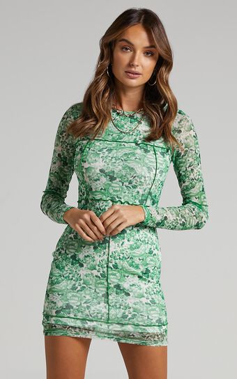 Anakin Long sleeve Mesh Mini dress in Green Furnishing Florals