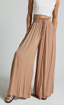 Hany Pants - High Waist Drawstring Wide Leg Pants in Latte
