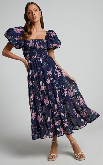 Stanford Midi Dress - Puff Sleeve Tiered Dress in Navy Floral