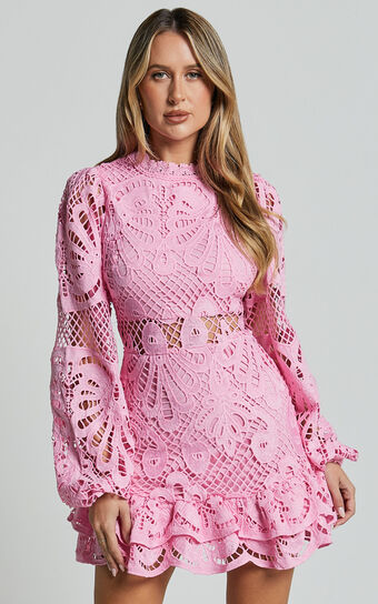 Kiss Me Now Mini Dress - Long Puff Sleeve Dress in Pink