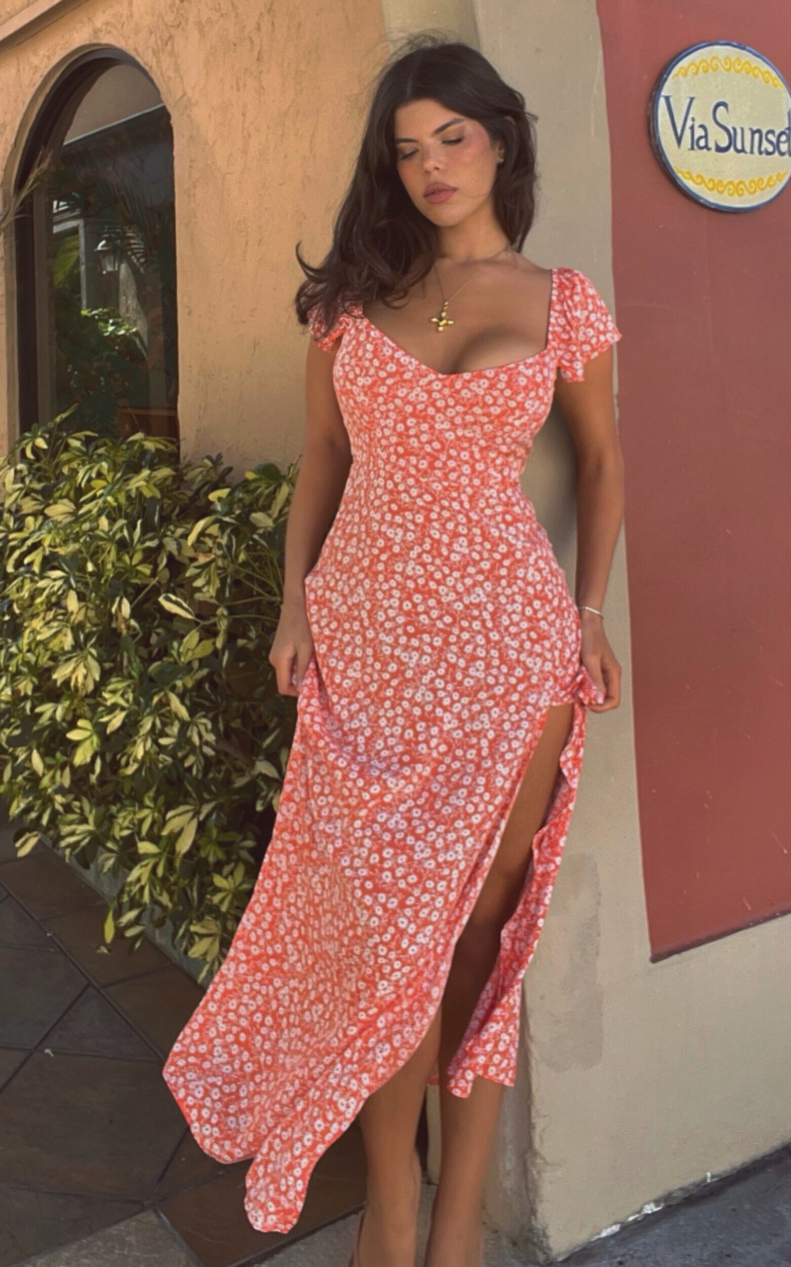 Donissa Midi Dress Thigh Split Flutter Sleeve Dress in Orange Floral Showpo USA