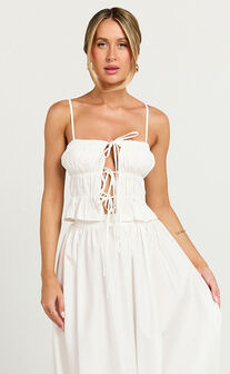 Preston Top - Ruched Tie Front Camisole Top in White