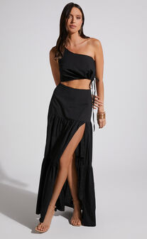 Meghan Two Piece Set - One Shoulder Crop Top and Midi Skirt Set in Black