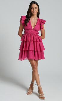 Elbertine Mini Dress - Flutter Sleeve Pleated Dress in Hot Pink