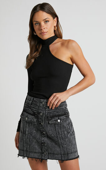 Gennlee Mini Skirt - Cotton Contrast Denim Skirt in Black Acid Wash