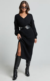 Kartia Midi Dress - V Neck Knit Dress in Black