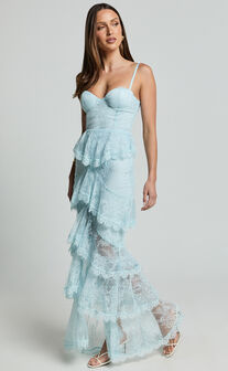 Merrick Maxi Dress - Sweetheart Corset Front Tiered Maxi Dress in Ice Blue