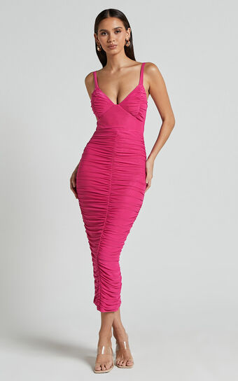 Suzie Midi Dress - Sweetheart Neck Bustier Ruched Bodycon Dress in Magenta
