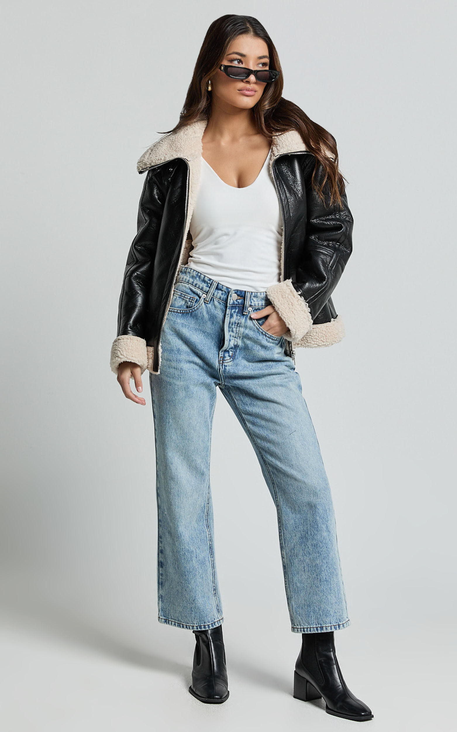 Willa Jacket Faux Leather Shearling Aviator Jacket in Black Showpo USA