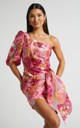 Brailey Mini Dress  One Shoulder Puff Sleeve in Pink Jacquard