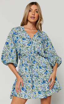 Janelle Mini Dress - Blouson Sleeve Tiered Dress in Blue Floral