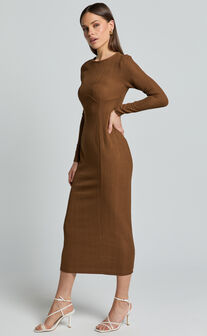 Divina Midi Dress - Long Sleeve A Line Knit Dress in Brown