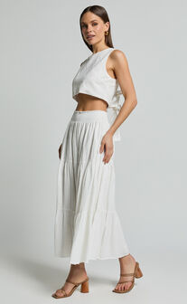 Ruby Midi Skirt - Shirred High Waist Cotton Tiered Maxi Skirt in Off White