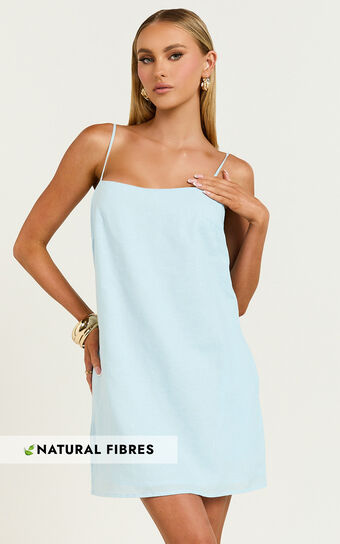Mavie Mini Linen Dress - Linen Strappy Shift Dress in Soft Blue