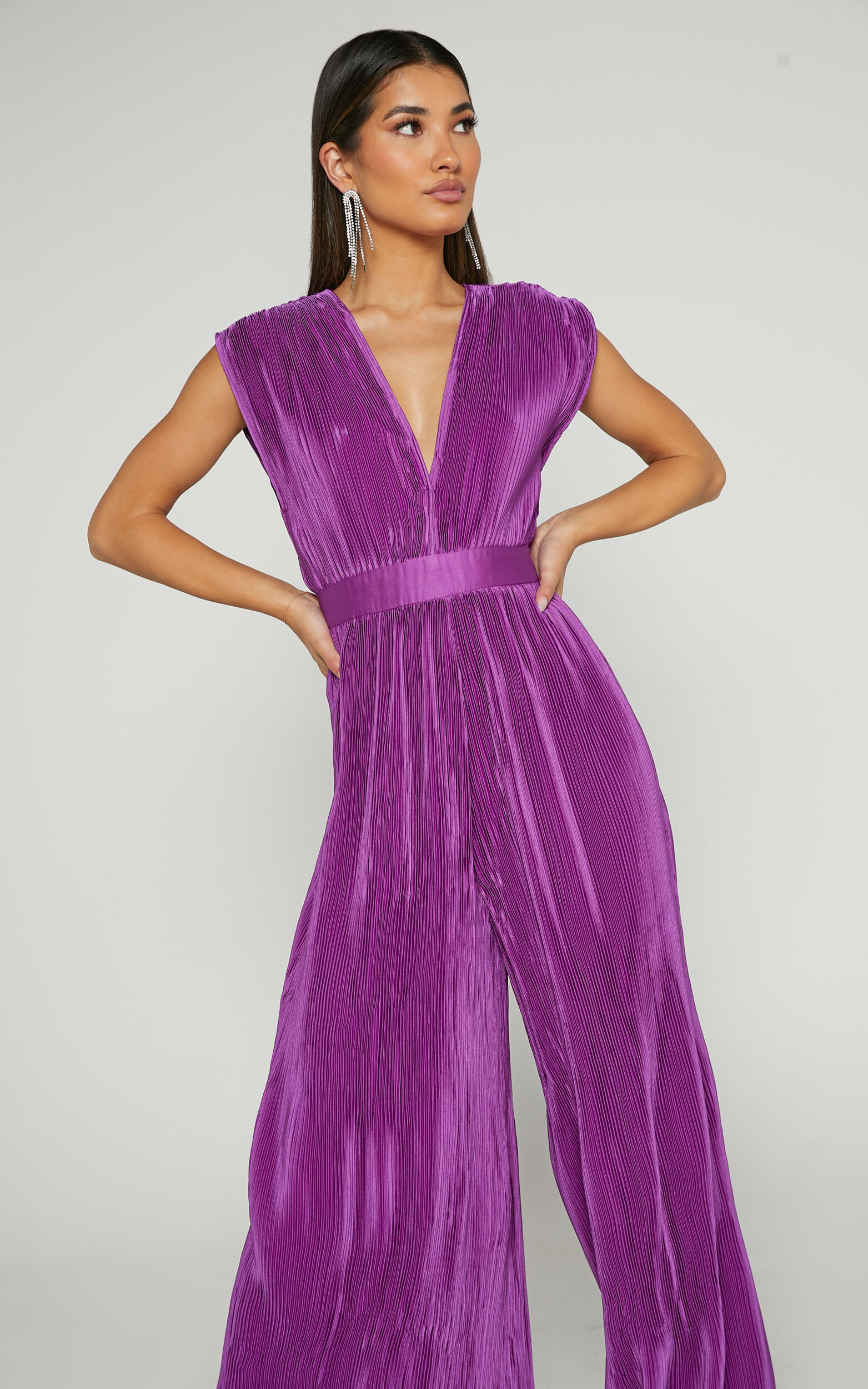 Lina Jumpsuit Plunge Neck Pleated Wide Leg Jumpsuit in Orchid