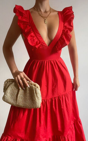 Levona Midi Dress - Ruffle Shoulder Tiered Dress in Cherry Tomato