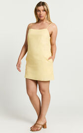 Mavie Mini Linen Dress - Linen Strappy Shift Dress in Lemon | Showpo USA