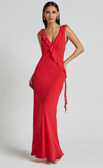 Laurie Midi Dress - Plunge Frill Detail Slip Dress in Red