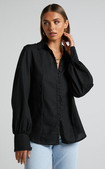 Kiva Blouse - Linen Long Sleeve Button Up Blouse in Black