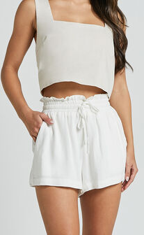 Mavi Shorts - Drawstring Paper Bag Relaxed Linen Look Shorts in White
