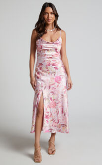 Ojai Midi Dress - Cowl Neck Split Dress in Soft Floral