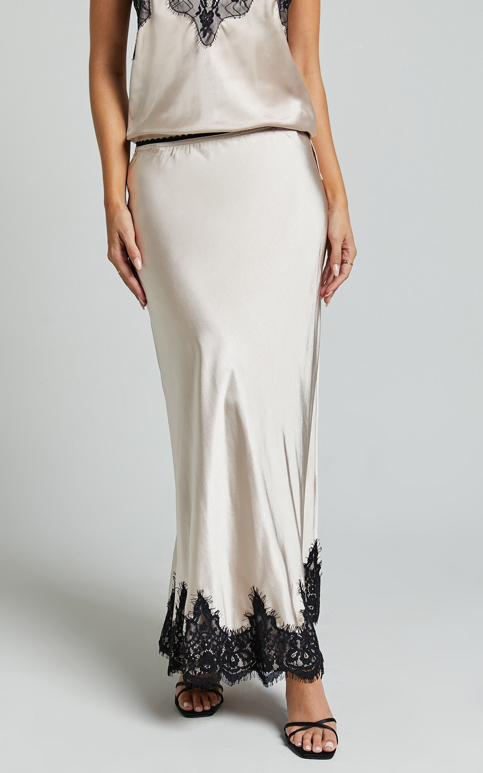 Zareena Midi Skirt Lace Trim Slip Skirt in Oyster Showpo USA