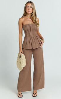 Carli Two Piece Top and Pants Set - Cotton Tube Pant Set in Chocolate