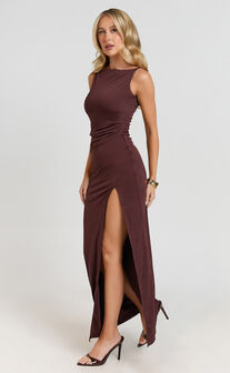 Audette Maxi Dress - Boat Neck Ruched Fitted Dress in Chocolate