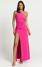 Marge Maxi Dress - One Shoulder Ruched Thigh Split Dress in Hot Pink ...