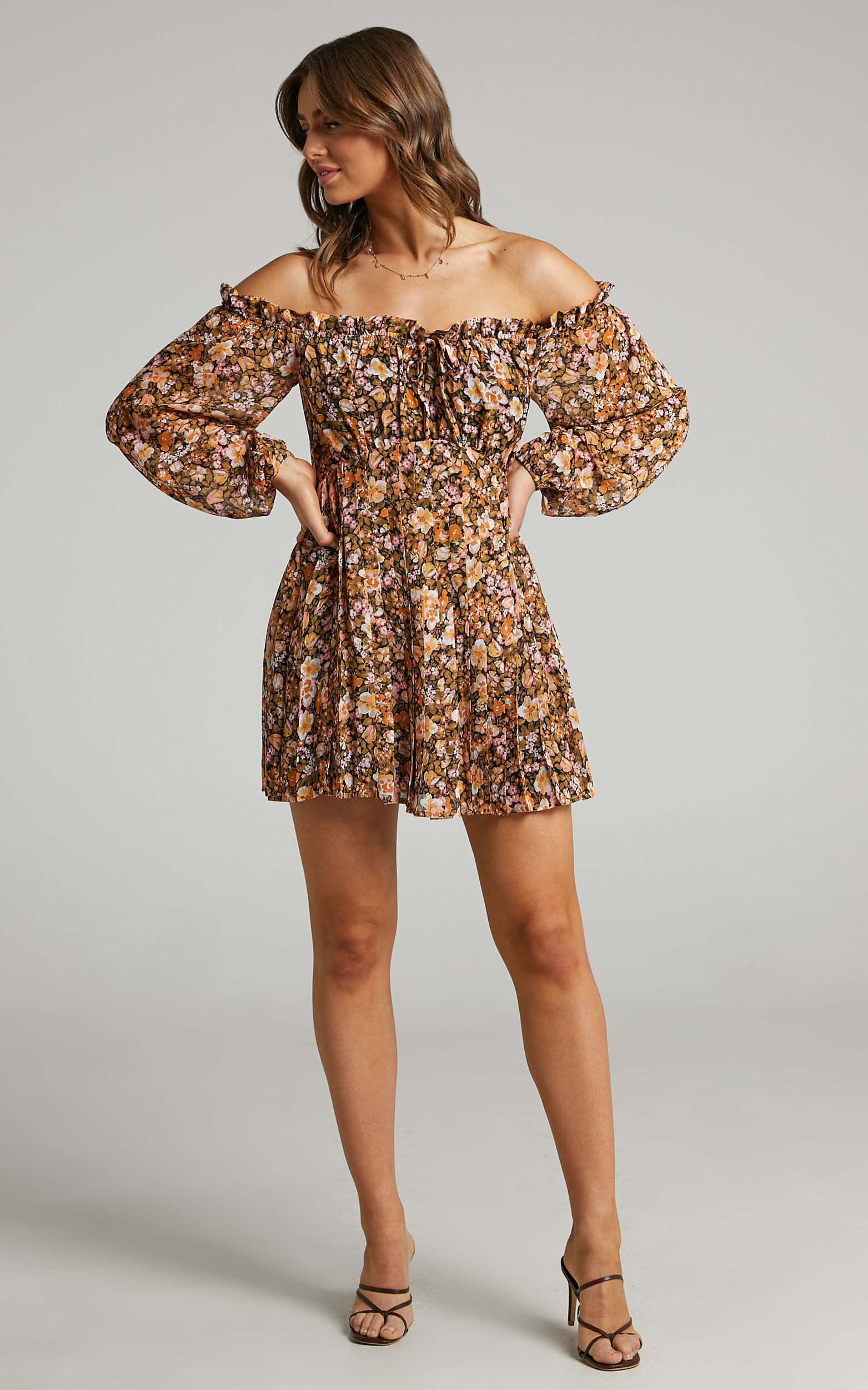 Off shoulder floral print mesh pleated dress shop