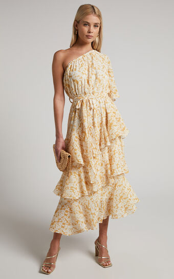 Charlise Midi Dress - Tiered One Shoulder Dress in Yellow Floral