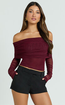 Roza Top - Asymmetric Long Sleeve One Shoulder Top in Wine