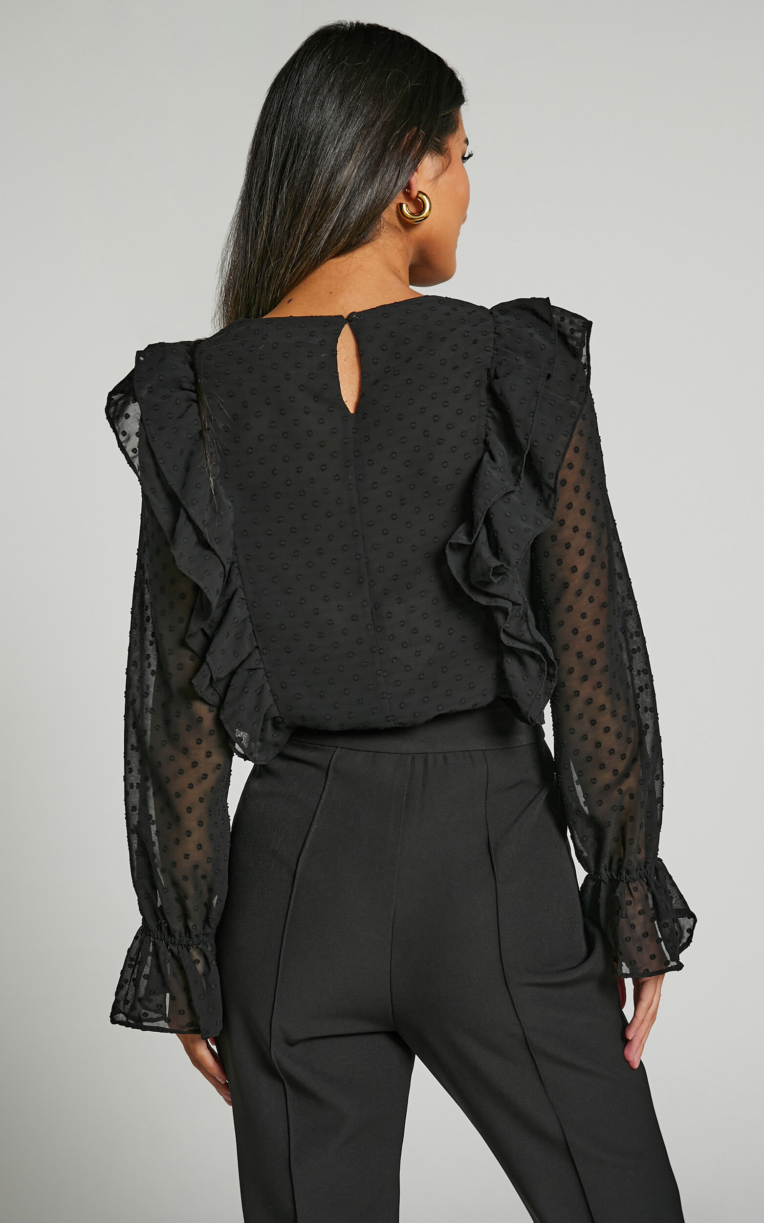 Black ruffle long sleeve top top